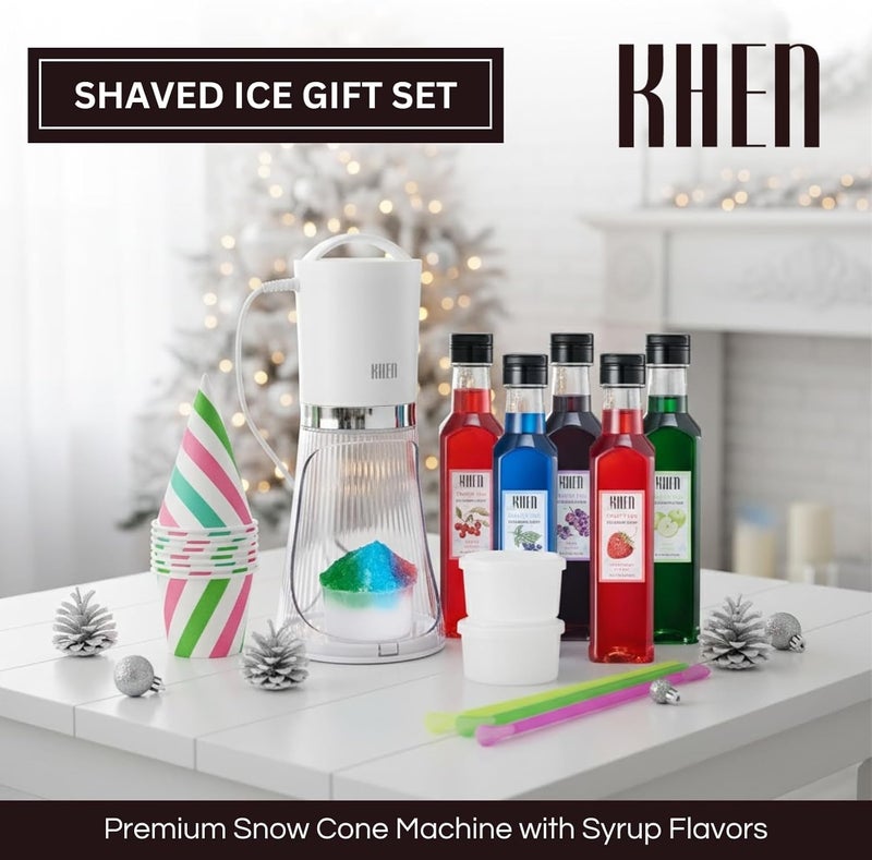 Khen Snow Cone Machine Gift Set, Electric Shaved Ice Maker Kit & 5 Syrup Flavors - With 25 Cone Cups, 25 Straws & 4 Ice Molds, Frozen Dessert Maker, Kids Adults & Parties, Birthday, Hawaiin Slushie Machine - Image 2